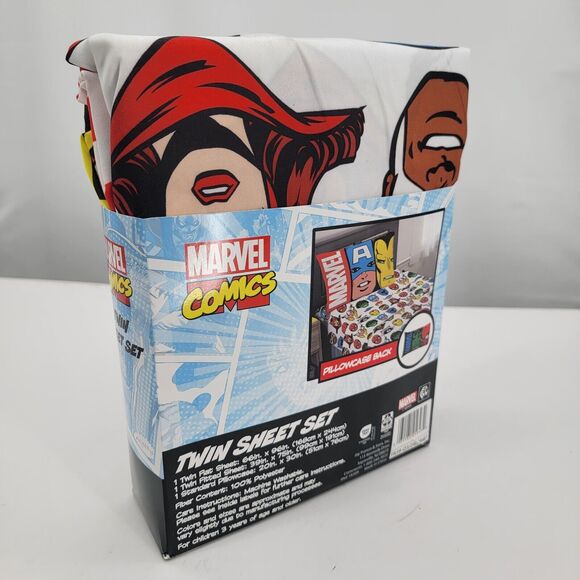 Marvel Comics Twin Sheet Set Flat Fitted Pillowcase Kids Bed Room Superheroes - Picture 2 of 4